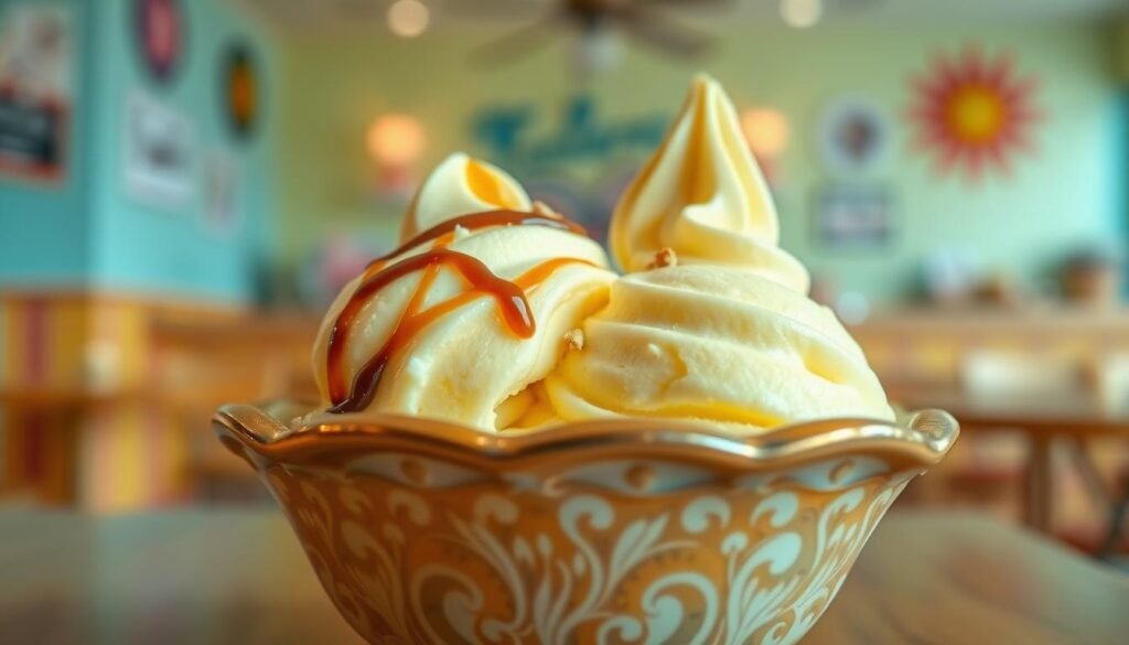 A pristine scoop of frozen custard in a glossy, ornate bowl, showcasing its rich, creamy texture, sits in the foreground. The custard is a pale yellow, reflecting soft, warm lighting that enhances its smooth surface. Delicate swirls of chocolate and caramel sauce spiral elegantly on top, with a sprinkling of crushed nuts for added detail. In the middle ground, a simple, rustic wooden table adds warmth, while a blurred backdrop features a vibrant ice cream parlor setting, with pastel-colored walls and cheerful decor. The atmosphere is inviting and joyful, evoking a sense of indulgence and comfort. The lens captures the scene from a slightly elevated angle, emphasizing the depth and richness of the custard against the soft-focus background, inviting the viewer into the delightful world of frozen treats.