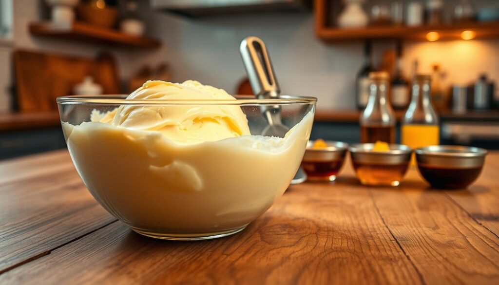 A rich and creamy ice cream base sits in a glass mixing bowl on a rustic wooden countertop. The foreground features a close-up of the shimmering, pale yellow mixture, glossy and smooth, with tiny flecks of vanilla bean visible. In the middle, there's a stylish metal scoop and a handful of colorful ingredient bowls, showing various alcohol-infused flavors, such as rum, whiskey, and liqueurs, neatly arranged. The background includes a softly blurred kitchen with warm, inviting lighting, enhancing a cozy and professional atmosphere. The angle captures the textures and details of the ice cream base while highlighting the creativity involved in the flavor development process. This setting conveys a sense of artisanal craftsmanship and culinary adventure, suitable for an engaging article on ice cream.