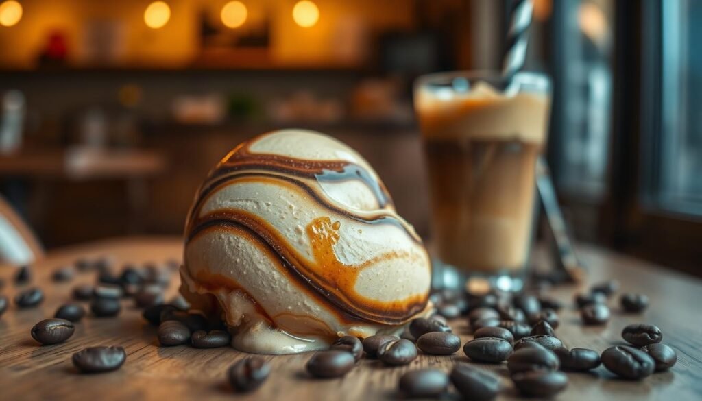 A rich and creamy scoop of coffee ice cream, glistening with a glossy sheen, sits prominently in the foreground. The texture is smooth, with swirling dark and light caramel tones that reflect freshly brewed coffee. Surrounding the scoop are scattered coffee beans, adding depth and enhancing the coffee theme. In the middle ground, a rustic wooden table provides a warm, inviting feel, while a soft-focus glass of iced coffee with a straw adds interest without overwhelming the main subject. The background features a soft, blurred café setting with warm lighting, evoking a cozy atmosphere. The image is captured from a slightly elevated angle with natural lighting to enhance the colors and textures, creating an inviting and appetizing scene.