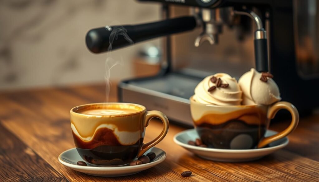 A rich, aromatic cup of coffee sits prominently in the foreground, steam curling up from the surface, catching the soft light. The coffee is in a beautifully crafted ceramic mug with a unique design, showcasing a swirl of cream to create a marbled effect. To its side, a small plate holds a few coffee-flavored ice cream scoops, each gleaming with a glossy finish, adorned with coffee beans and delicate chocolate shavings. In the middle ground, a rustic wooden table adds warmth, with a blurred espresso machine subtly hinting at the coffee-making process. The background features soft, diffused lighting that casts a cozy atmosphere, suggesting a welcoming café setting. The overall mood is inviting and energizing, perfect for a tranquil moment of indulgence.