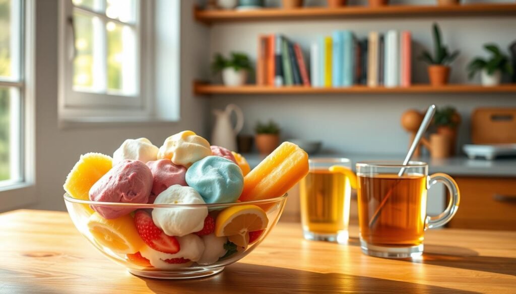 A serene kitchen setting bathed in soft, natural light filtering through a window. In the foreground, a vibrant bowl filled with various colorful cold treats, such as ice cream scoops, frozen yogurt, and popsicles, sits invitingly on a wooden table. Each treat is artistically arranged, showcasing a mix of flavors and textures. In the middle ground, a glass of soothing herbal tea with a hint of lemon rests alongside a spoon, suggesting a comforting pairing. The background features shelves with cozy, homey elements like cookbooks and potted plants, contributing to a calm and nurturing atmosphere. The overall mood is uplifting and reassuring, embodying a sense of relief and refreshment without harshness, perfect for someone seeking gentle comfort for a sore throat.
