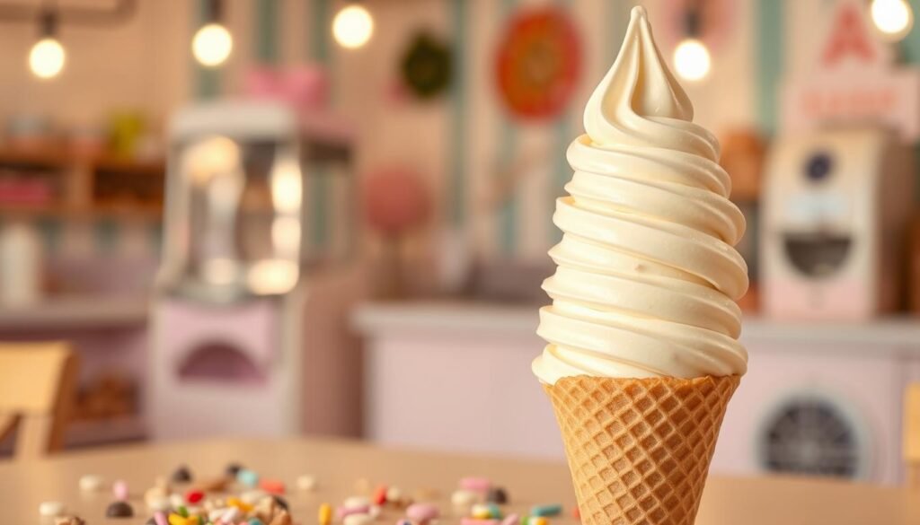 A soft serve vanilla ice cream swirl, expertly crafted and towering in a classic cone, takes center stage in the foreground. The ice cream’s creamy texture glistens under soft, warm lighting, highlighting its rich, off-white hue with delicate vanilla bean flecks. Surrounding the cone, a scattering of colorful mix-ins such as rainbow sprinkles, chocolate chips, and crushed nuts adds vibrancy. In the middle background, a whimsical ice cream shop setting can be seen, with pastel-colored decor and a vintage ice cream machine. Soft-focus bokeh lights create a dreamy atmosphere, suggesting a cheerful and inviting mood. The scene is captured from a slightly angled perspective to emphasize the delightful swirl, evoking a sense of nostalgia and indulgence perfect for a sweet treat.