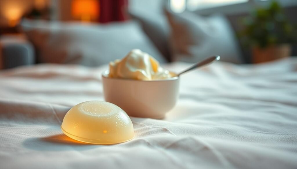 A soothing scene depicting a close-up of a throat lozenge resting on a soft, pastel-colored fabric, symbolizing relief from a sore throat. In the foreground, the lozenge shines with a slight glimmer, reflecting a warm light. The middle layer captures a small bowl of creamy ice cream with a spoon beside it, promising comfort, set against a backdrop of gentle, blurred homey elements like a cozy couch and soothing warm light streaming through a window. The atmosphere is tranquil and inviting, evoking feelings of warmth and comfort. The image is well-lit with soft, natural lighting to create a serene mood, emphasizing the connection between sweetness and soothing relief.