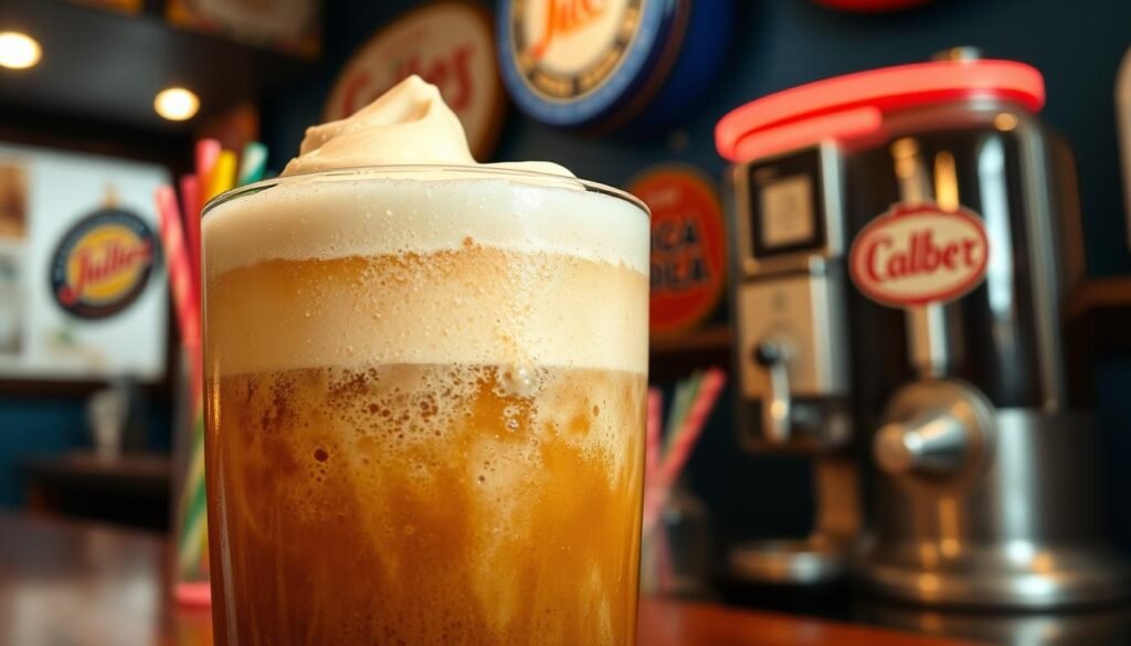 A tall glass of root beer floats on a vintage soda fountain counter, filled to the brim with frothy, creamy root beer topped with a big scoop of vanilla ice cream melting into the dark, carbonated beverage. In the foreground, the glass sparkles with condensation, highlighting bubbles rising through the drink. In the background, softly blurred, there are retro soda fountain decor elements, including colorful straws and an old-fashioned soda dispenser, cast in warm, inviting lighting that evokes a nostalgic atmosphere. The scene captures the essence of classic Americana with a focus on the creamy texture and rich color of the root beer, inviting viewers to indulge in this beloved treat at home. The angle is slightly tilted to enhance the visual interest while keeping the focus on the glass.