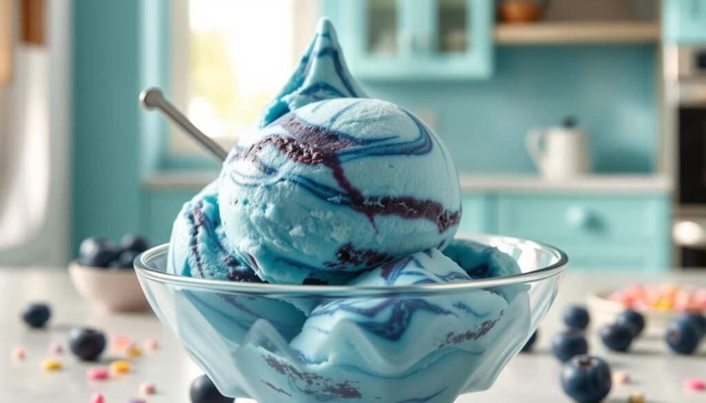 A tantalizing scoop of blue moon ice cream in a sleek, crystal-clear bowl, showcasing its vibrant, deep blue color with swirls of lighter blue and hints of purple. The foreground features the creamy texture and rich colors of the ice cream, perhaps with a silver scoop resting beside it. In the middle ground, soft-focus details of scattered blueberries and a sprinkle of colorful candy or sprinkles can be seen, adding a playful touch. The background features a cool, pastel-toned kitchen setting, softly illuminated by natural light streaming through a window, creating a delightful, inviting atmosphere. Use a slightly overhead angle to emphasize the ice cream's appealing appearance, capturing the essence of summer indulgence. The scene should feel refreshing and whimsical, evoking the joy of enjoying this unique flavor.