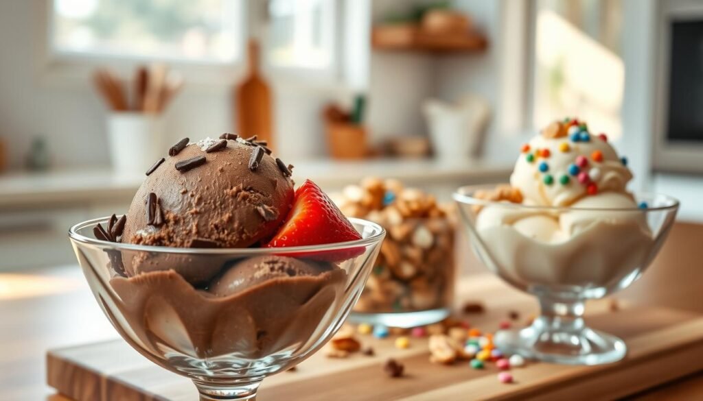 A vibrant and inviting scene featuring an assortment of protein ice cream flavors in elegant glass bowls. In the foreground, showcase a rich chocolate protein ice cream scoop adorned with chocolate shavings and a sprinkle of sea salt. Beside it, display a creamy vanilla protein scoop topped with fresh strawberries and a drizzle of honey. In the middle, add a colorful selection of mix-ins like nuts, granola, and colorful sprinkles, arranged artfully on a wooden serving board. In the background, softly blurred, hint at a sunlit kitchen with warm natural light streaming through a window, enhancing the cozy atmosphere. Use a shallow depth of field to create a dreamy focus on the flavors. The overall mood is cheerful and appetizing, inviting readers to explore their own flavor combinations.
