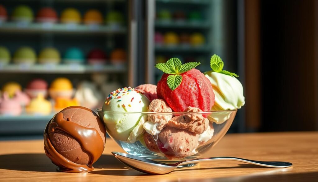 A vibrant assortment of ice cream scoops in a variety of flavors, prominently displayed in a stylish glass bowl. In the foreground, a rich and creamy chocolate scoop with glossy finish, a bright strawberry scoop with sprinkles, and a mint green scoop topped with a fresh mint leaf. The mid-ground features an elegant silver spoon resting beside the bowl, capturing ambient light. In the background, a softly blurred freezer door slightly ajar, revealing a well-organized ice cream section with multiple flavors. The scene is illuminated by warm, natural lighting, giving it a inviting atmosphere, while a slight spotlight highlights the bowl. The overall mood conveys freshness and indulgence, enticing the viewer to enjoy their favorite frozen treat.