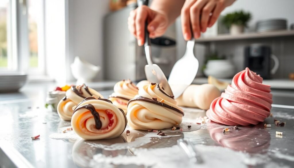 A vibrant, close-up shot of rolled ice cream on a chilled metal surface, showcasing the rolling technique in action. In the foreground, beautifully swirled ice cream rolls in various pastel colors, garnished with fresh fruit slices, chocolate drizzle, and sprinkles. The middle ground captures skilled hands using a spatula to expertly roll the ice cream with precision and finesse. Background elements include a clean, well-lit kitchen environment with a high-end ice cream machine and decorative bowls. The scene is softly illuminated by bright, natural light streaming in from a nearby window, creating a fresh and inviting atmosphere, perfect for gaining mastery in the art of rolled ice cream.