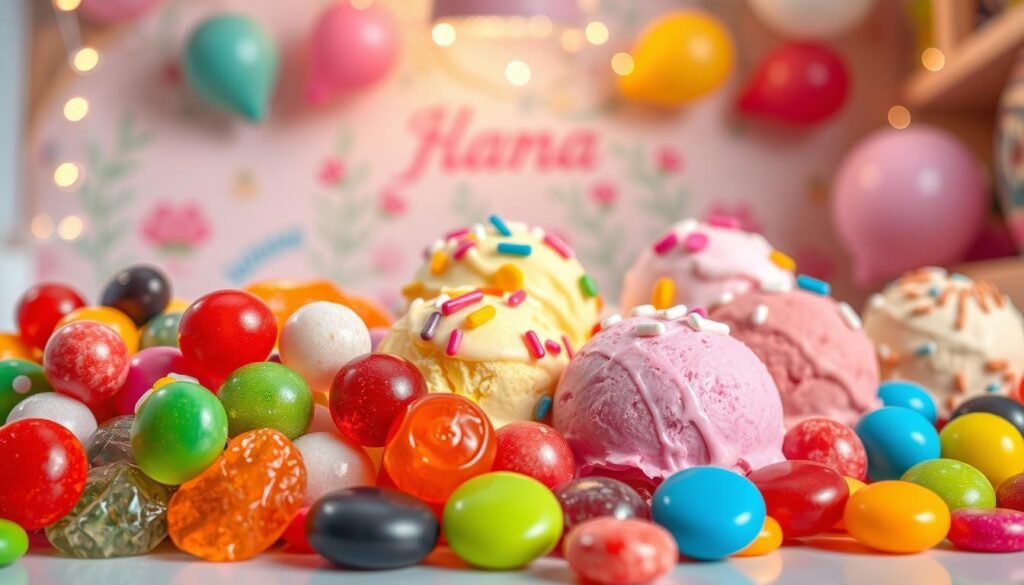 A vibrant collection of colorful candy, featuring an array of flavors like cherry, lime, and blueberry, artistically arranged in a whimsical setting. In the foreground, glossy candy pieces shine under soft, warm overhead lighting, showcasing their textures and colors in a close-up view. The middle ground displays scoops of ice cream in bright, fun flavors, each scoop garnished with playful sprinkles and playful candy pieces. In the background, a dreamy pastel-hued backdrop mimics a nostalgic ice cream parlor, complete with whimsical decorations like balloons and twinkling fairy lights that create a cheerful atmosphere. The composition exudes a sense of joy and nostalgia, inviting viewers to savor the delightful experience of indulging in sweet treats.