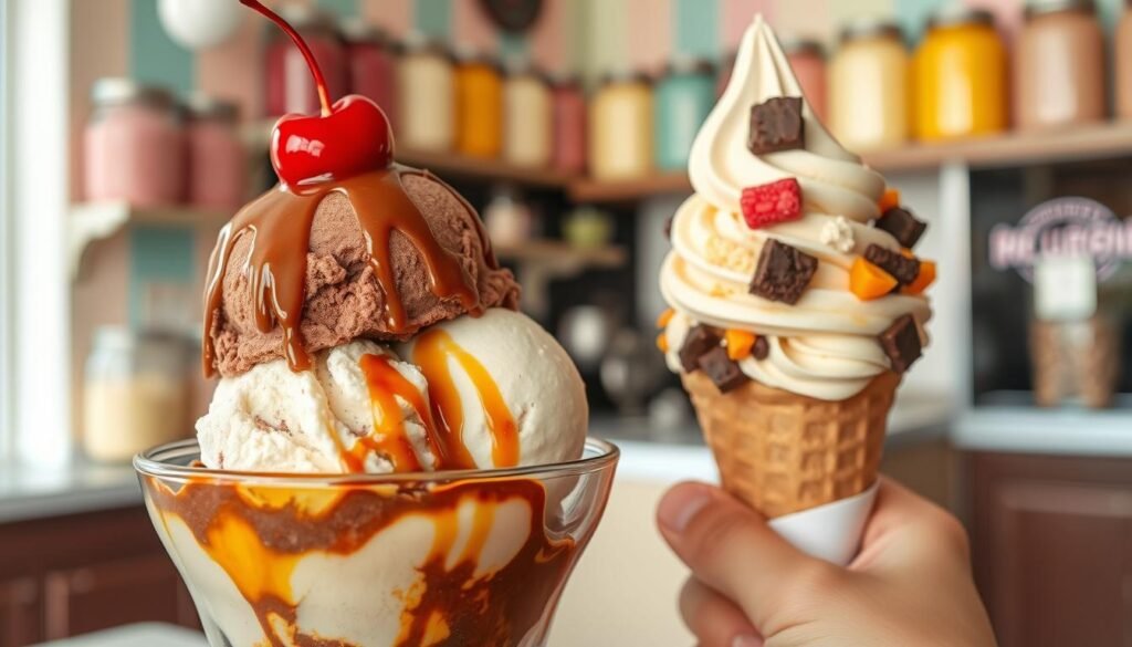 A vibrant ice cream sundae in the foreground, showcasing a rich scoop of chocolate and a creamy vanilla scoop drizzled with caramel and topped with a cherry, resting in a clear glass bowl. In the middle ground, a hand holding an artisanal ice cream cone with a mix of colorful flavors, highlighting quality ingredients like fresh fruit and rich chocolate chunks. The background features a softly blurred ice cream parlor setting, with pastel-colored walls and shelves filled with various flavored jars, creating an inviting atmosphere. Soft, natural lighting illuminates the scene, emphasizing the texture of the ice cream and the freshness of the ingredients. The mood is cheerful and indulgent, capturing the delightful experience of enjoying high-quality ice cream.
