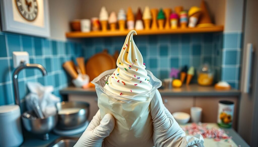 A vibrant kitchen scene showcasing the fun process of making bag soft serve ice cream. In the foreground, a clear plastic bag filled with creamy vanilla soft serve, partially opened to reveal a swirl of colorful sprinkles on top, is held by a pair of hands clad in modest kitchen gloves. The middle ground features a stainless steel mixing bowl and a countertop scattered with ingredients like sugar and milk, suggesting a hands-on approach. In the background, soft, warm lighting illuminates the space, highlighting an assortment of ice cream cones and toppings on shelves. The angle is slightly tilted downwards, capturing the excitement and creativity of a playful summer afternoon, evoking feelings of joy and nostalgia. No text or branding elements are present.