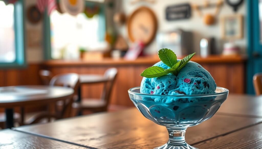 A vibrant scoop of blue moon ice cream in an elegant glass dessert dish, adorned with a sprig of mint. The foreground highlights the rich, deep blue color of the ice cream, speckled with bits of colorful flavors, hinting at its mysterious origins. In the middle ground, a rustic wooden table evokes a Midwest setting, with soft, natural lighting casting a warm glow on the scene. The background features a cozy ice cream parlor with vintage decorations, blurred slightly to create depth. The atmosphere is playful yet nostalgic, inviting viewers to reminisce about summertime treats. The image should have a soft focus and a warm color palette, fostering a sense of comfort and whimsy without any text or distractions.