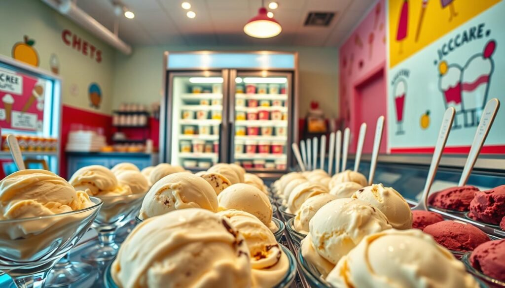 A vibrant, well-organized ice cream store interior, showcasing scoops of various flavors in elegant glass containers. In the foreground, a beautifully presented display of creamy ice creams, each scoop glistening with a shiny glaze, emphasizing their freshness. The middle section features a modern freezer with transparent doors, showcasing neatly arranged ice cream tubs, labeled for easy identification. The background includes colorful walls adorned with cheerful ice cream-themed artwork, enhancing the inviting atmosphere. Soft, warm lighting casts a delightful glow over the scene, creating an inviting mood. The angle is slightly tilted down, focusing on the ice cream display while capturing the store's ambiance. The overall mood is cheerful and welcoming, perfect for illustrating best practices in ice cream storage.
