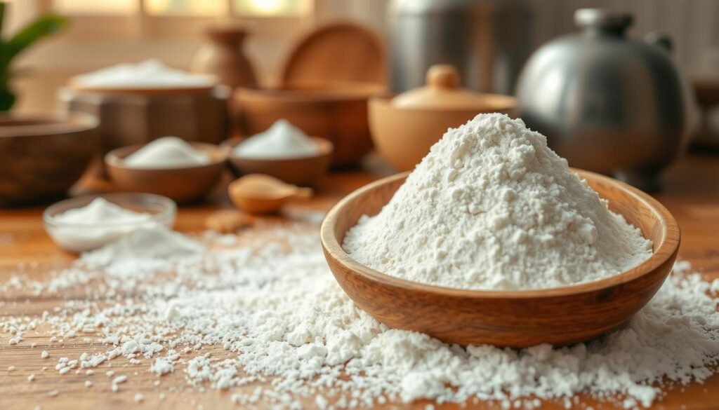 A visually appealing arrangement of sweet rice flour in a traditional wooden bowl, with a soft, delicate texture that hints at its mochi-making potential. In the foreground, a scattering of white flour dust creates a dreamy, ethereal quality. The middle features ingredients like sugar and cornstarch elegantly placed around the bowl, reflecting the core flavors of authentic mochi dough. In the background, a soft-focus kitchen setting with warm, natural lighting evokes a cozy, inviting atmosphere, highlighting the artistry of mochi-making. A gentle top-down angle captures the flour's silky surface while subtly emphasizing the sweetness. The mood is calm and inviting, perfect for a culinary context.