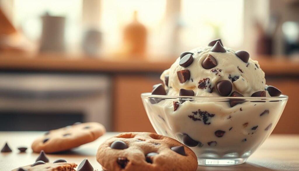 A visually enticing scene featuring a bowl of creamy chocolate chip ice cream, with generous chunks of rich, dark chocolate mixed throughout. In the foreground, the ice cream sits in a clear glass dish, glistening with a slight sheen, and topped with a sprinkle of mini chocolate chips. The middle ground showcases a few chocolate chip cookies partially crumbled next to the bowl, enhancing the cookie-inspired theme. The background features a warm, soft-focus kitchen setting with natural light streaming through a window, creating a cozy atmosphere. Use a shallow depth of field to emphasize the ice cream and cookies, capturing the mouth-watering textures and inviting colors. Aim for a joyful and indulgent mood that conveys a sense of delight in enjoying a beloved dessert.