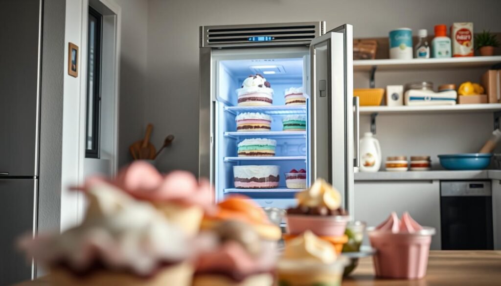 A well-organized kitchen scene showcasing a modern freezer, with the freezer door slightly ajar to reveal an array of colorful ice cream layers arranged artistically inside. In the foreground, a soft-focus view of various ice cream flavors in containers, hinting at a recent cake assembly. The middle ground features the freezer, sleek and stainless steel, emitting a gentle glow from its interior lighting, emphasizing the coolness of the stored desserts. In the background, well-organized shelving holds a selection of baking supplies. The atmosphere is bright and inviting, with natural light streaming in from a nearby window, enhancing the freshness of the scene. The composition should convey a sense of preparation and strategy for ice cream storage, captured at a slight angle for depth and perspective.