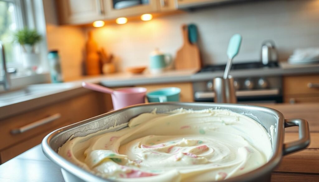 A well-used stainless steel pan sits prominently in the foreground, reflecting soft kitchen light. It's filled with a colorful mixture of ice cream and cake batter, showcasing a delightful array of pastel colors, including creamy whites, soft pinks, and mint greens. The middle ground features an organized kitchen countertop with essential baking tools neatly arranged: a rubber spatula, measuring cups, and a whisk, all illuminated by warm, inviting lighting that creates a cozy atmosphere. In the background, a blurred glimpse of a cheerful kitchen with wooden cabinets and a window letting in natural daylight adds depth to the scene. The composition is shot from a slightly elevated angle, enhancing the clarity of the pan's contents while maintaining the inviting mood of a home baking environment.