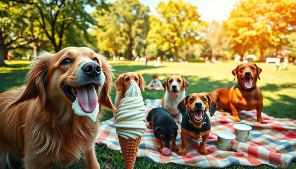 A whimsical scene featuring several happy dogs of various breeds, like Golden Retrievers and Dachshunds, joyfully enjoying vanilla ice cream cones in a sunny park setting. In the foreground, a large Golden Retriever playfully licks from an oversized ice cream cone, while a small Dachshund stands beside, eagerly eyeing a melting scoop. In the middle ground, a few other dogs sit on a picnic blanket, with scattered ice cream cups nearby. The background shows a vibrant park with green trees, children playing, and a bright blue sky. The lighting is warm and inviting, suggesting a cheerful summer day, while the angle captures the dogs' joyful expressions. The overall atmosphere is playful and lighthearted, perfect for conveying a sense of joy and fun.